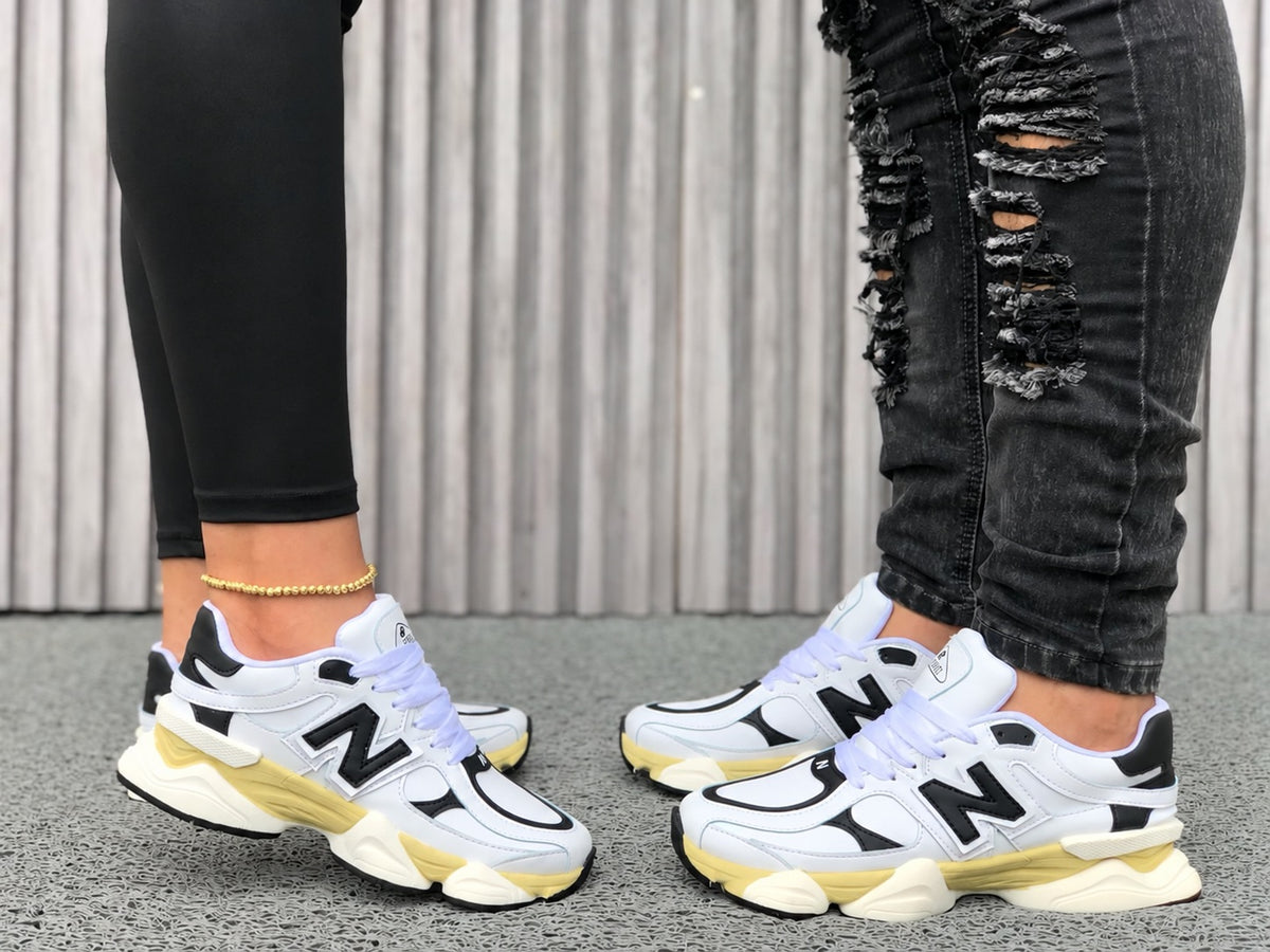 Tenis retro combinados blanco amarillo para hombre